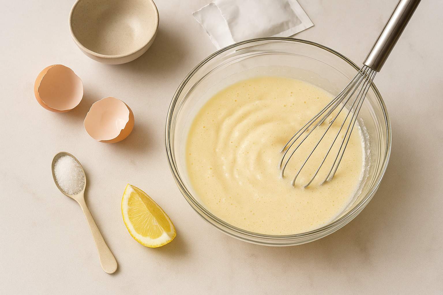 Bol con huevos, azúcar y yogur siendo mezclados para la masa de los buñuelos.