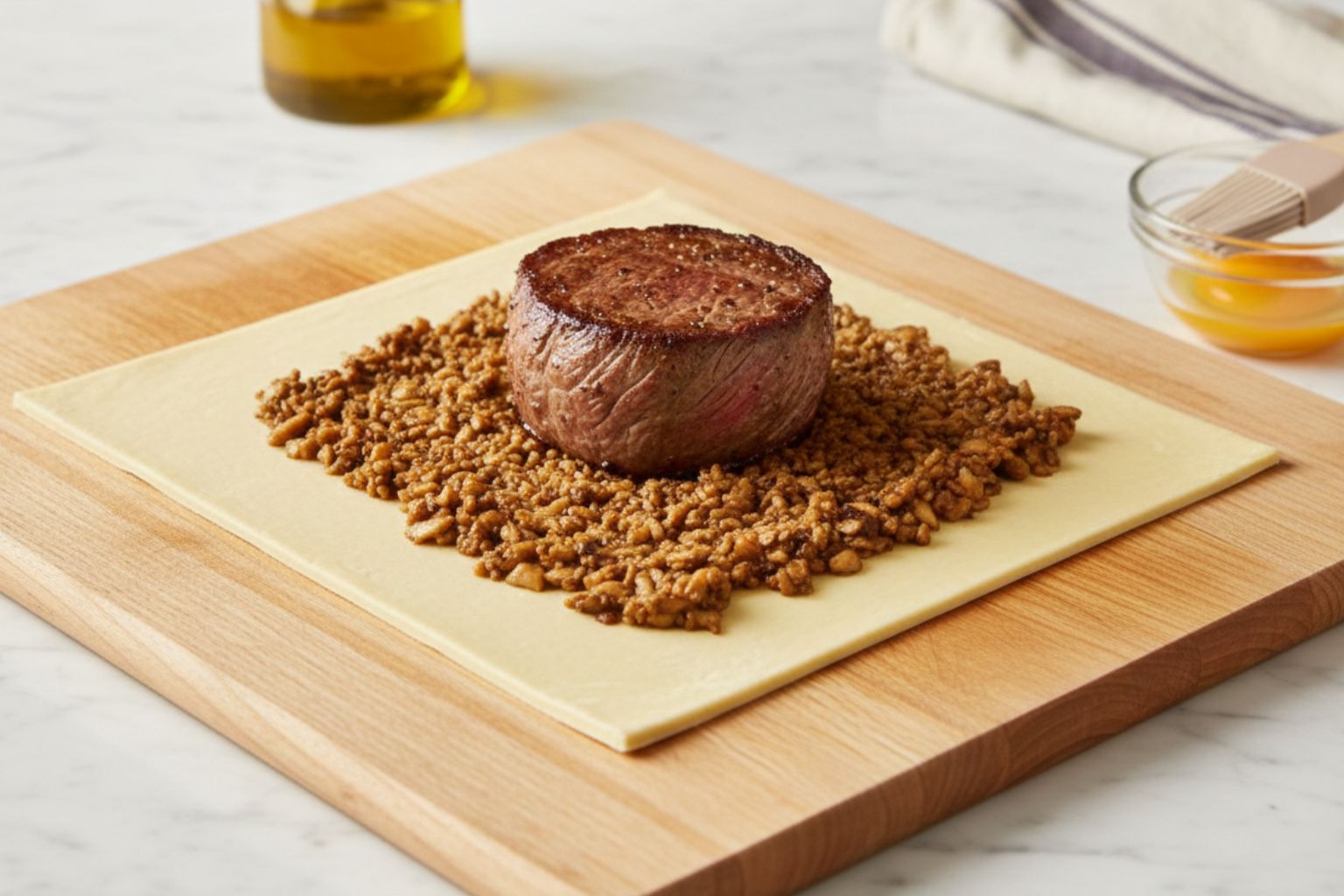 Montaje de un solomillo Wellington individual antes de cerrar el hojaldre.