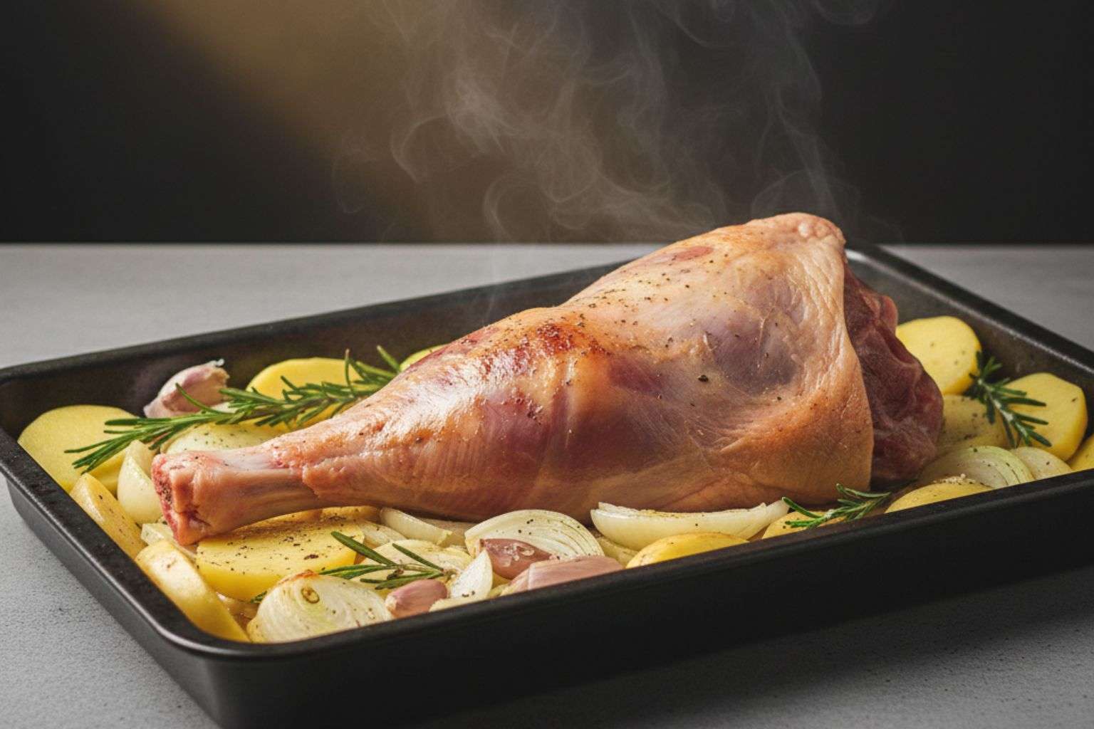 Bandeja de horno con una cama de patatas panadera y la paletilla de cordero colocada encima, lista para la segunda fase de horneado.