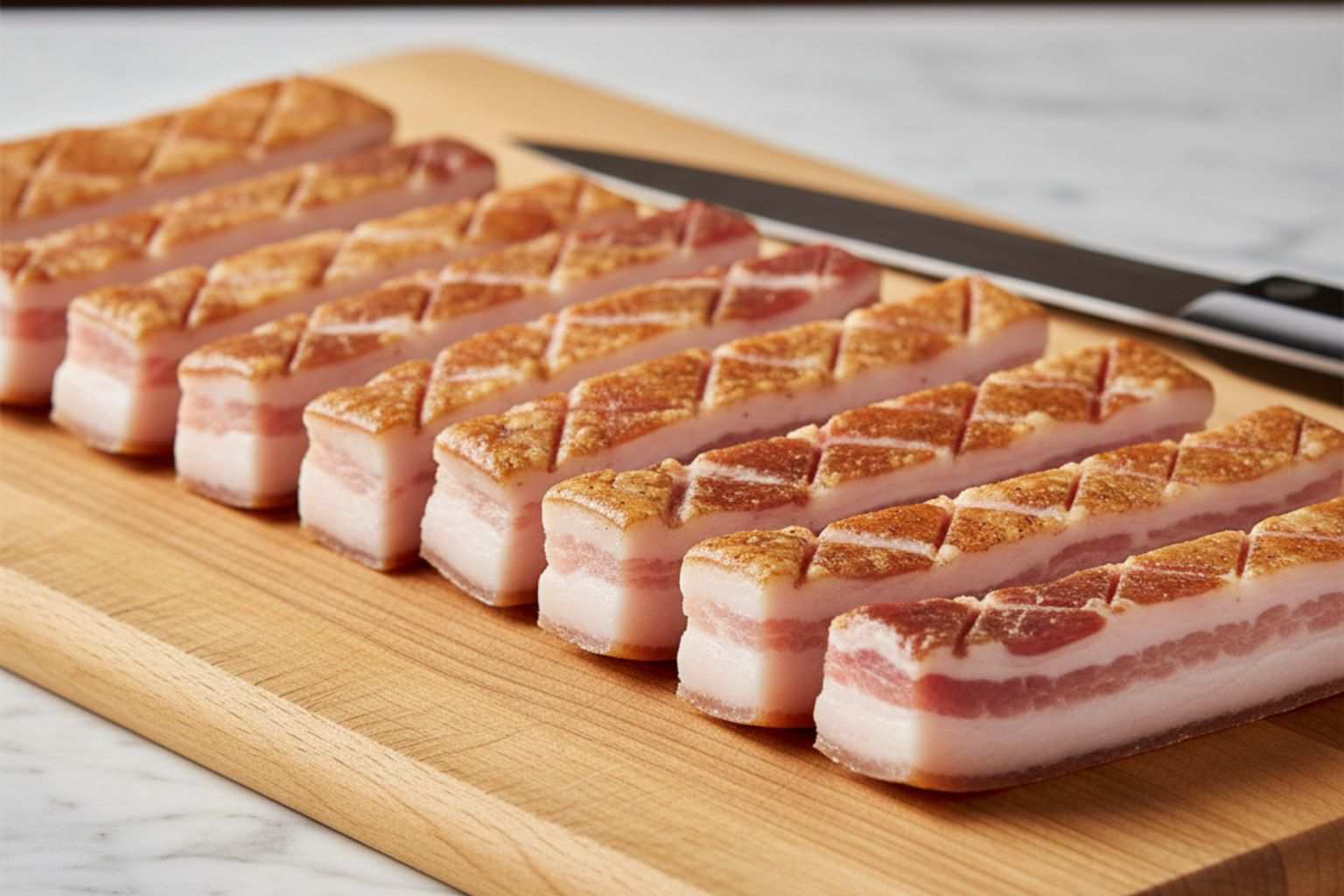 Primerísimo plano de un cuchillo afilado haciendo cortes superficiales en la piel de la panceta.