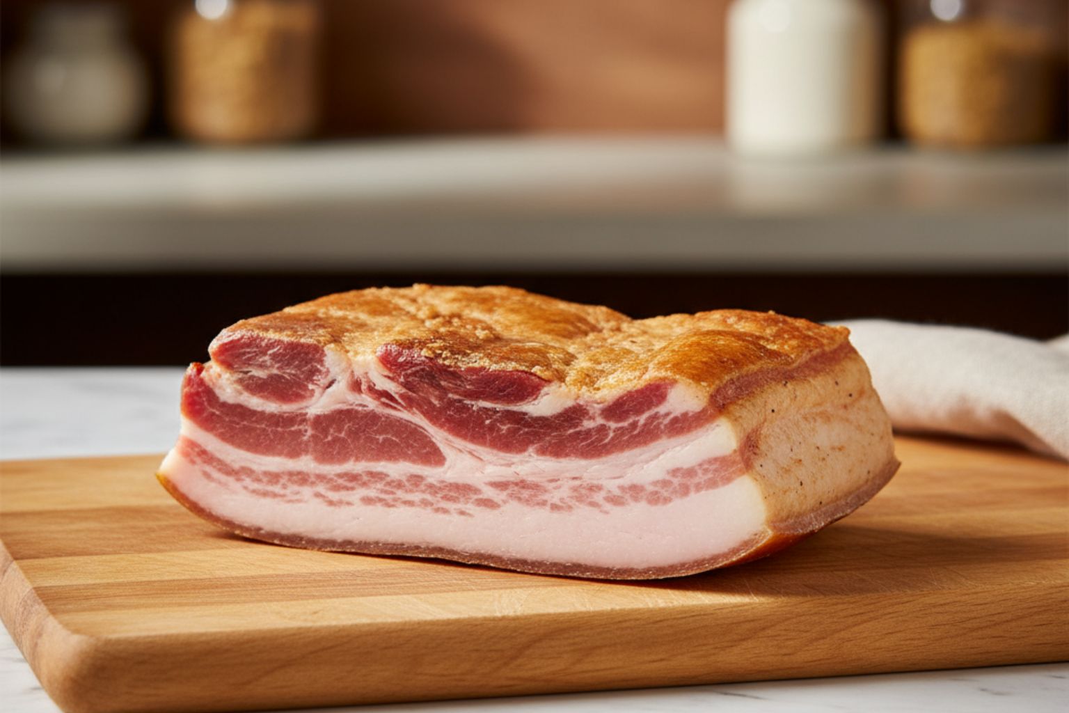 Pieza de panceta de cerdo curada y oreada, ideal para hacer torreznos, sobre una tabla de cortar.