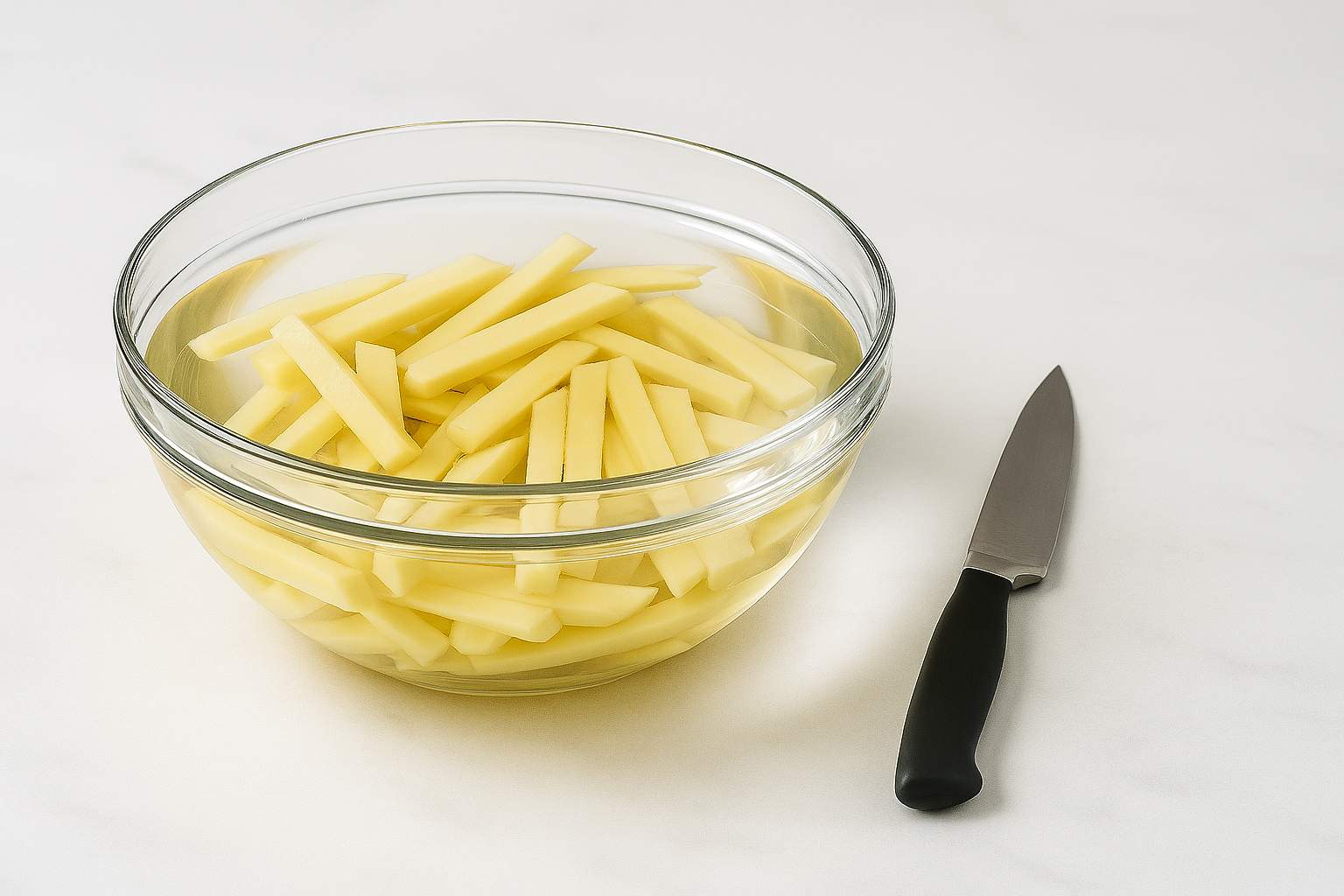 Patatas cortadas en bastones sumergidas en un bol de cristal con agua fría.