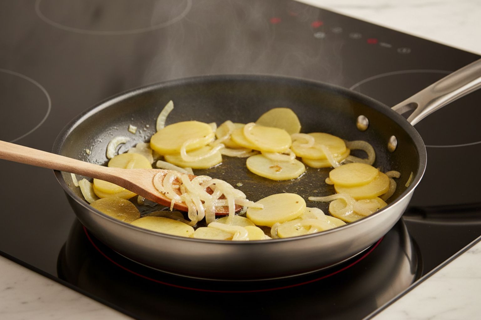 Patatas y cebolla pochadas en una sartén para la base del bacalao.