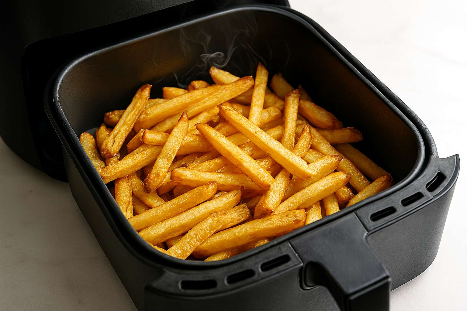 Cesta de la freidora de aire llena de patatas fritas doradas y con aspecto crujiente.