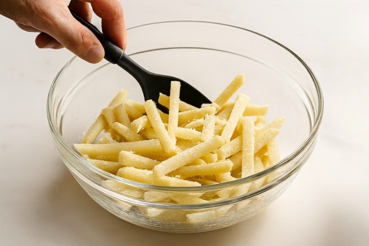 Patatas pochadas en un bol mezclándose con aceite y sal antes de la segunda cocción en freidora de aire.