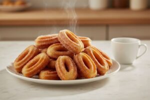 Plato lleno de churros caseros recién hechos, perfectamente dorados y crujientes, rebozados en azúcar, listos para servir.