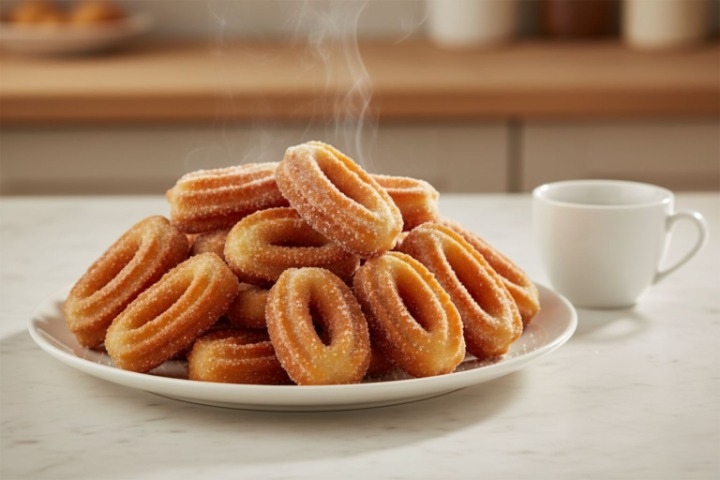 Plato lleno de churros caseros recién hechos, perfectamente dorados y crujientes, rebozados en azúcar, listos para servir.