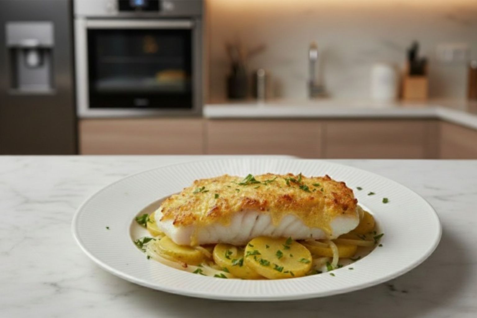 Plato individual de bacalao gratinado con costra dorada de mayonesa, servido sobre patatas panaderas, decorado con perejil fresco, en encimera de mármol blanco.