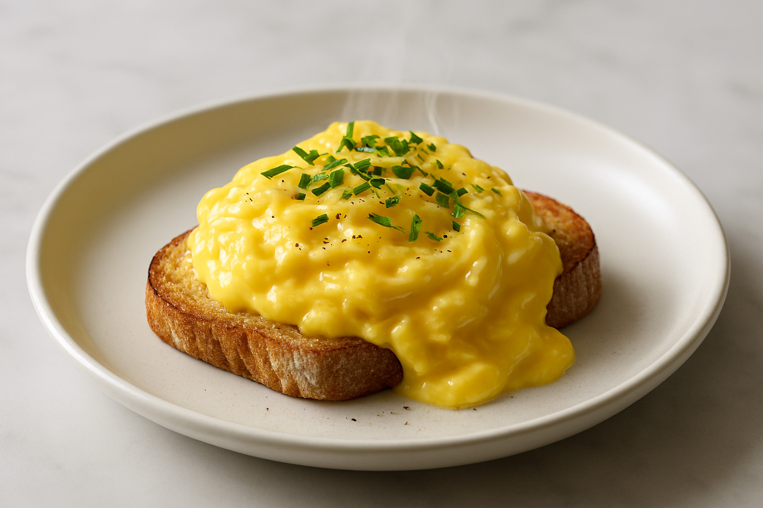Plato gourmet de huevos revueltos cremosos sobre una tostada de pan de masa madre, decorado con cebollino picado y pimienta.