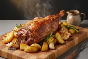 Plato final de paletilla de cordero lechal asada, dorada y crujiente, servida sobre una tabla de madera con patatas y cebolla asadas, con romero, en encimera de granito gris.