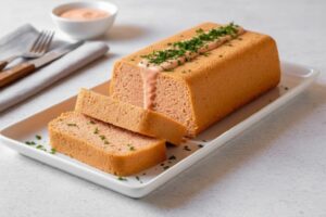 Pastel de pescado entero, ya desmoldado y presentado en una fuente.