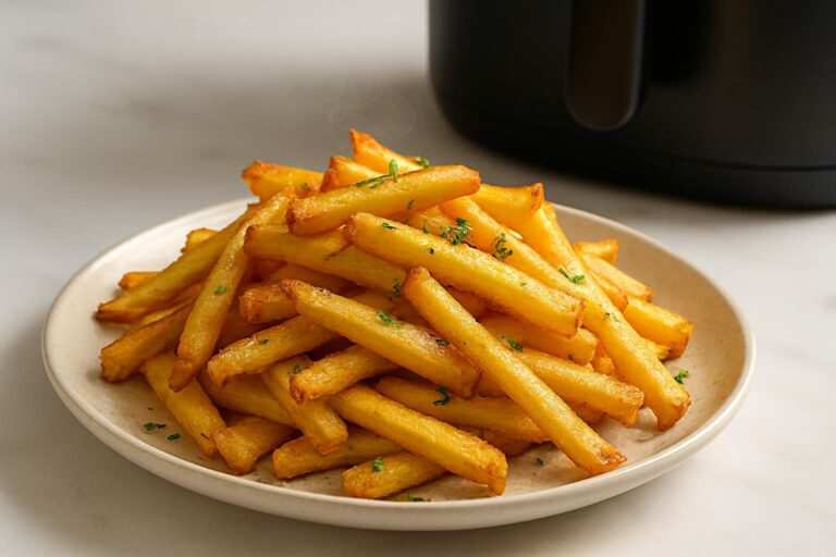 Plato de patatas fritas caseras doradas y crujientes con sal, servidas en encimera clara, con una freidora de aire moderna desenfocada al fondo.