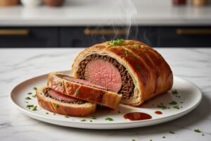 Plato final de Solomillo Wellington individual horneado, cortado en rodajas para revelar el solomillo jugoso y la duxelle, rodeado de hojaldre dorado y crujiente, decorado con perejil