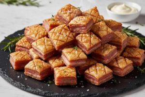 Plato con torreznos de Soria perfectamente suflados, dorados y crujientes, cortados en porciones y decorados con sal Maldon y romero, listos para comer.