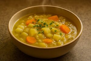 Plato hondo de purrusalda tradicional con puerro, patata y zanahoria en un caldo trabado y reconfortante, sobre encimera de granito gris claro
