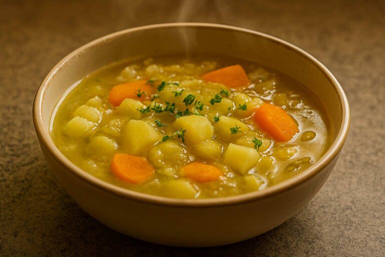 Plato hondo de purrusalda tradicional con puerro, patata y zanahoria en un caldo trabado y reconfortante, sobre encimera de granito gris claro