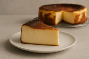 Porción de tarta de queso La Viña mostrando su interior cremoso