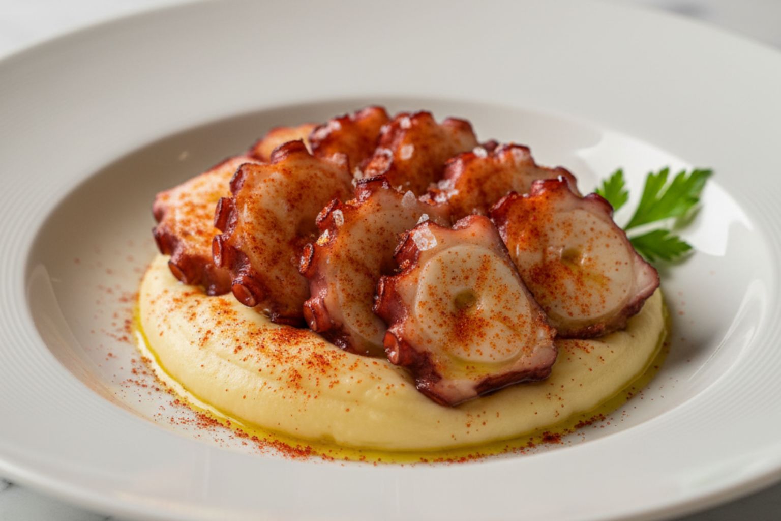 Plato de pulpo a la plancha cortado en rodajas sobre puré de patata, con pimentón, aceite de oliva y sal en escamas.