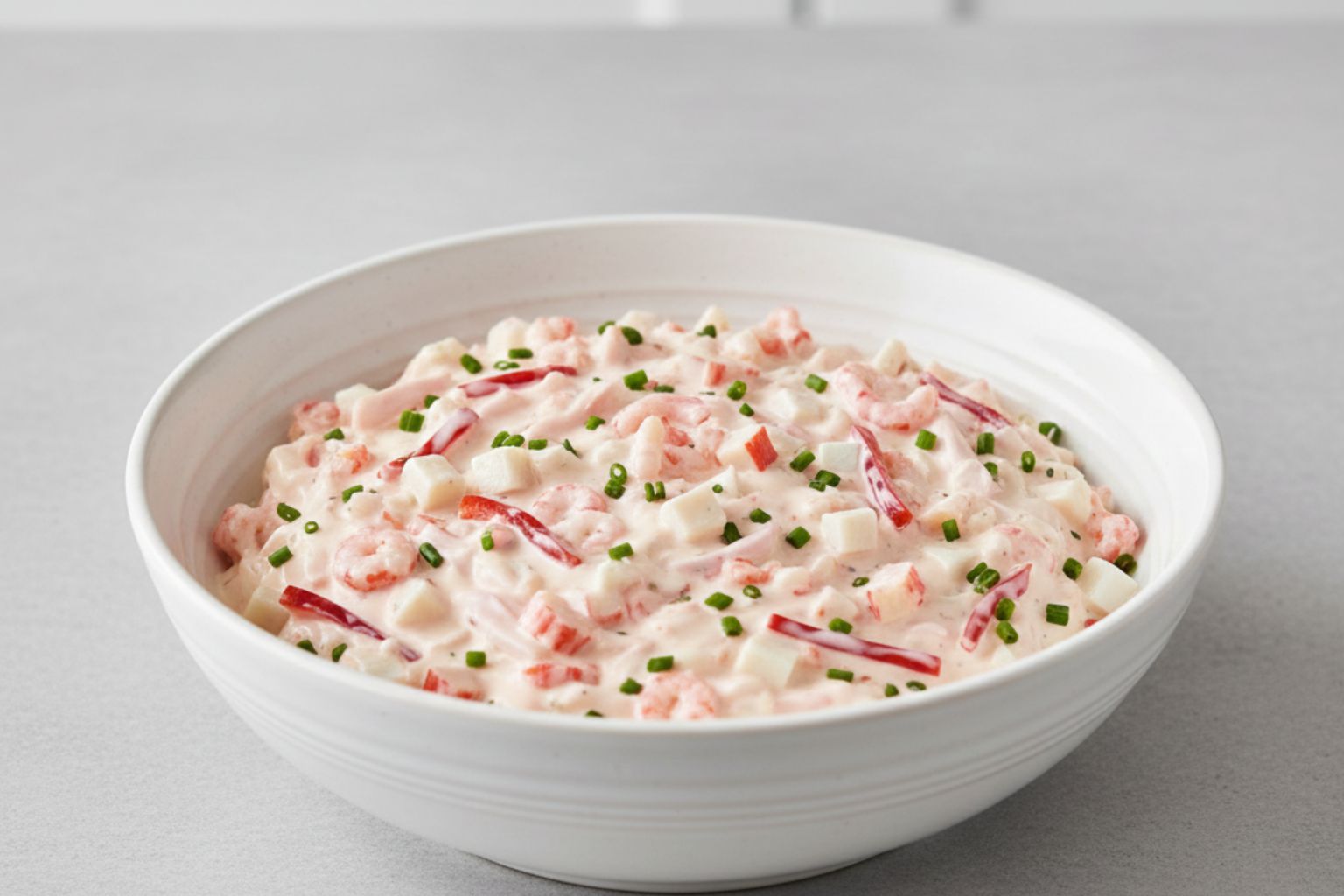 Bol con el relleno de marisco cremoso ya mezclado y listo para usar.