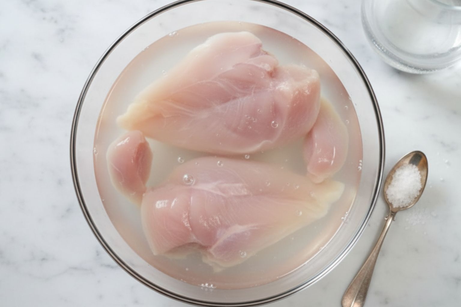 Pechugas de pollo sumergidas en un bol de cristal con agua y sal (salmuera).