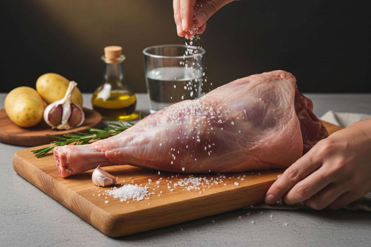 Manos salando generosamente una paletilla de cordero cruda.