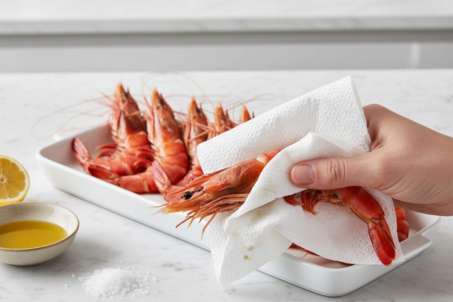 Proceso de secado de los gambones con papel de cocina antes de ponerlos en la plancha.