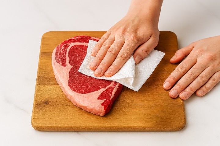 Primer plano de unas manos secando un entrecot crudo con papel de cocina absorbente.