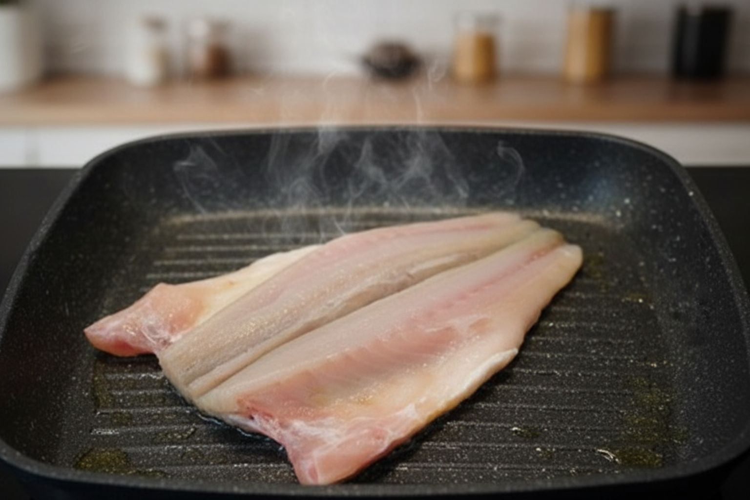 Piel de la lubina sellándose a fuego fuerte sobre una plancha de cocina.