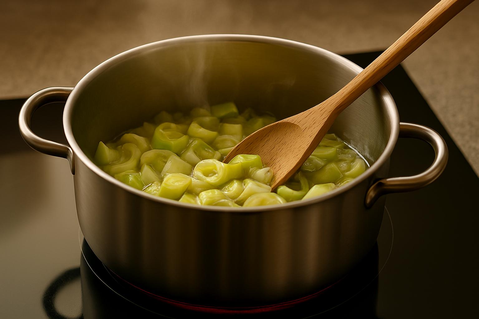 Puerro pochándose en una olla grande, base de la purrusalda.
