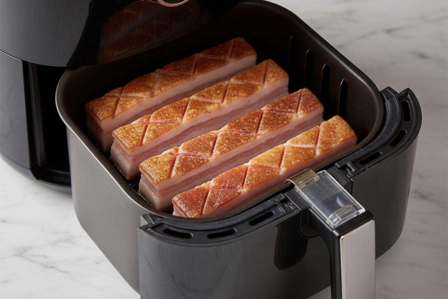 Torreznos dentro de la freidora de aire a baja temperatura, antes de que la corteza haya suflado.