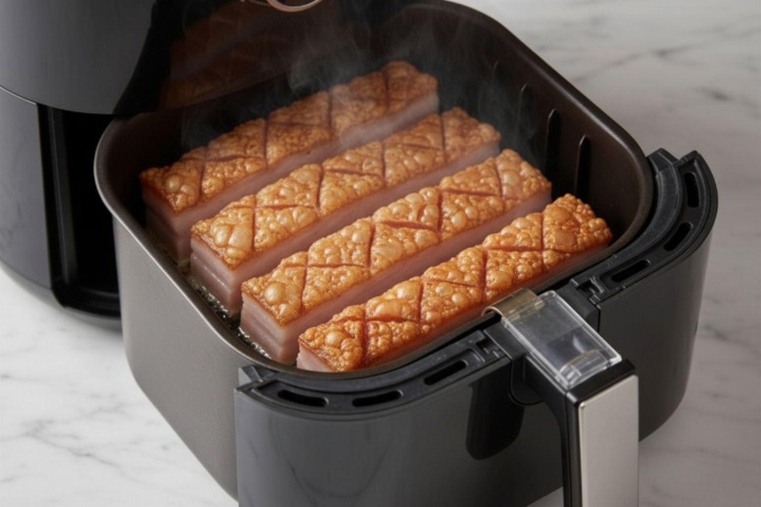 Momento exacto en que la corteza de los torreznos sufla y se llena de burbujas crujientes en la freidora de aire.