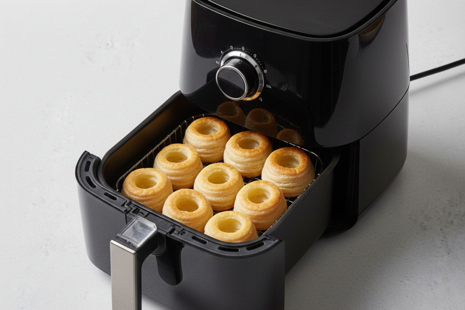 Volovanes de hojaldre vacíos y dorados en la cesta de una freidora de aire.