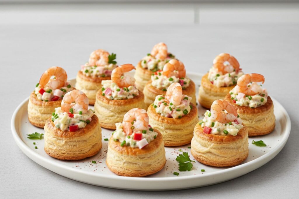 Volovanes de hojaldre rellenos de marisco y decorados con gamba pimentón y perejil listos para servir