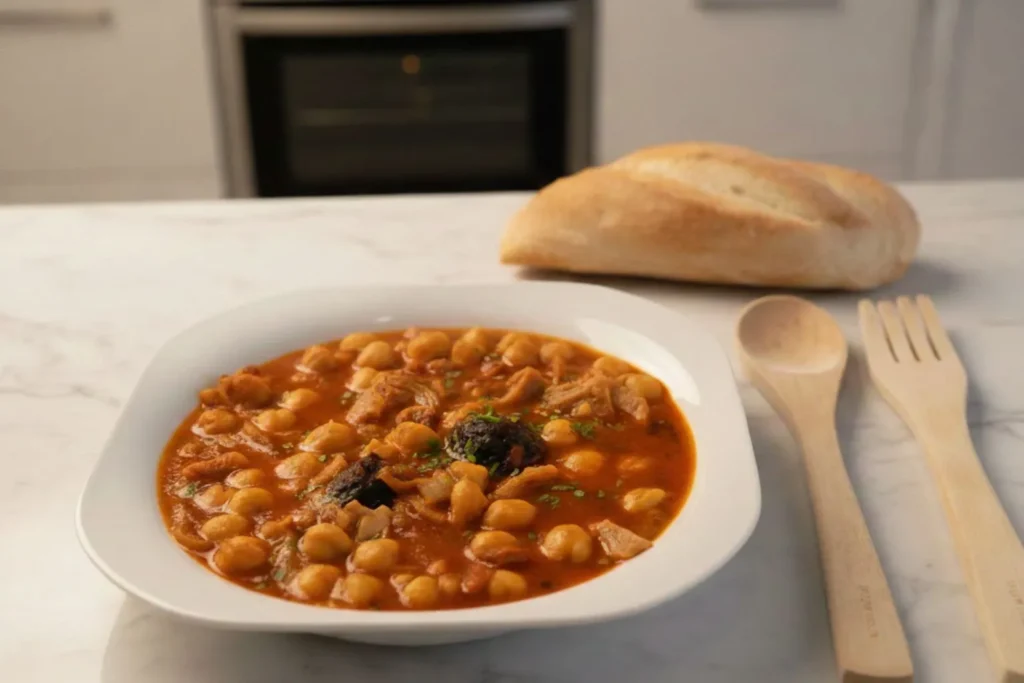 Plato hondo con la auténtica receta de callos con garbanzos de la abuela, con un caldo meloso y trozos de chorizo y morcilla