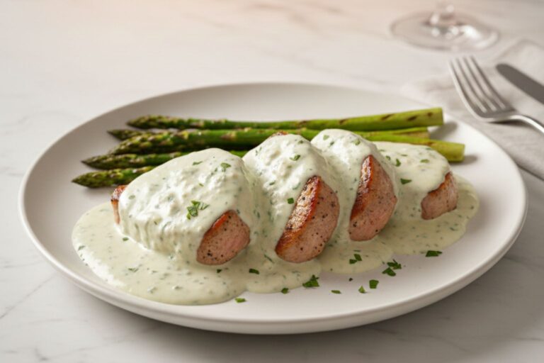 Medallones de Solomillo de cerdo al roquefort presentados en un plato blanco acompañados con espárragos a la plancha listo para degustar