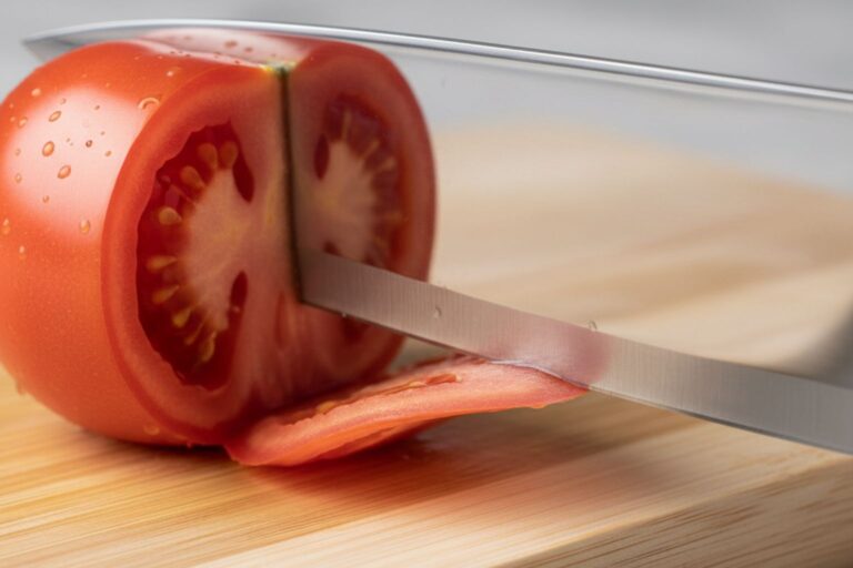 Primer plano de un cuchillo de chef perfectamente afilado cortando una rodaja de tomate fina como el papel, demostrando un filo perfecto.