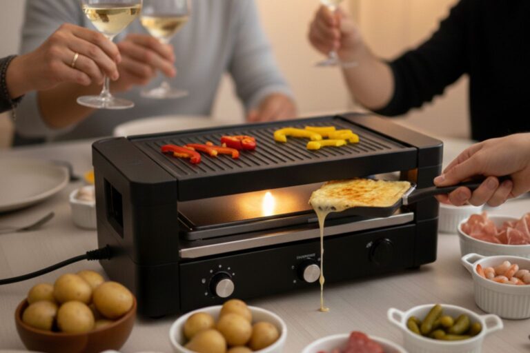 Cena de raclette en casa con amigos, con la máquina de raclette en el centro de la mesa, el queso fundiéndose en las sartenes y varias manos sirviendo ingredientes.