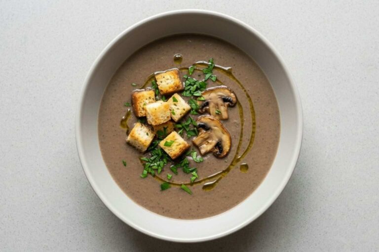 Cuenco de crema de champiñones casera decorada con picatostes y aceite de oliva