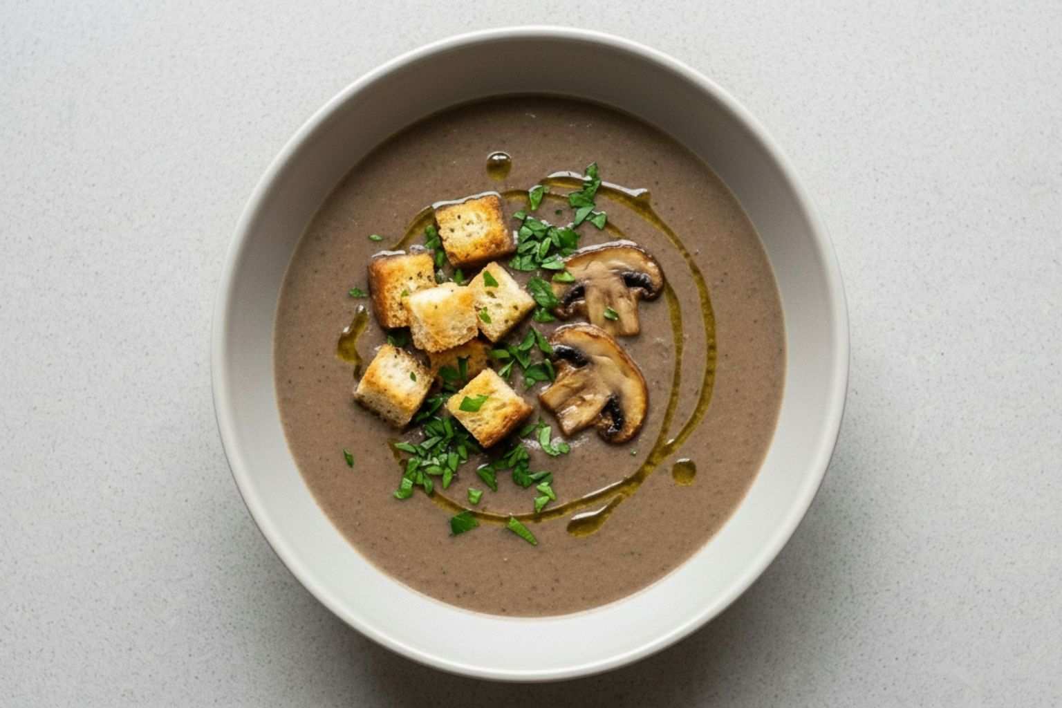 Cuenco de crema de champiñones casera decorada con picatostes y aceite de oliva