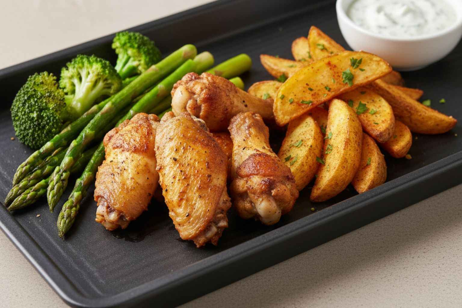 Plato con resultados perfectos de freidora de aire: alitas de pollo doradas, patatas gajo crujientes y verduras asadas, demostrando cómo evitar los errores más comunes.