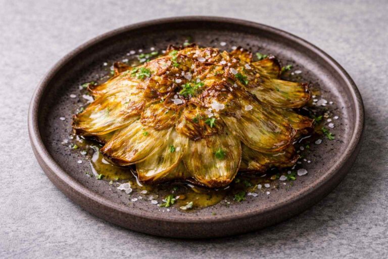 Primer plano de una flor de alcachofa a la plancha, con las hojas abiertas y doradas, servida en un plato con sal en escamas y aceite de oliva.