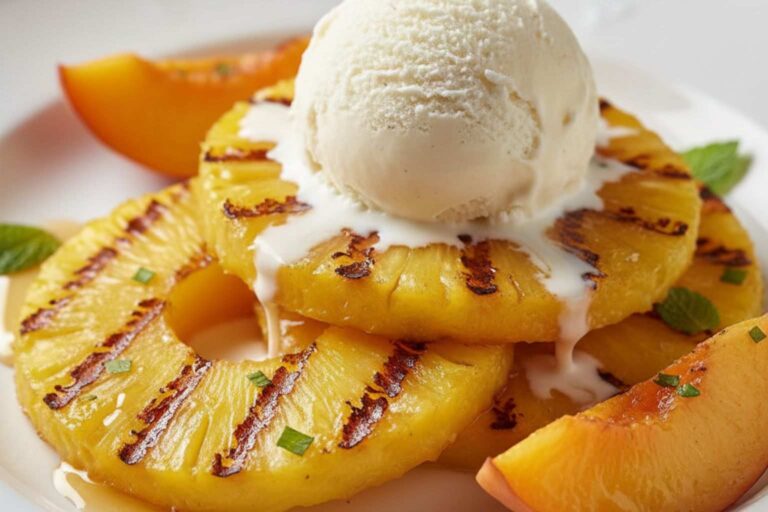 Postre sorprendente hecho a la plancha con rodajas de piña caramelizadas con marcas de grill y melocotón, servidas con una bola de helado de vainilla derritiéndose.
