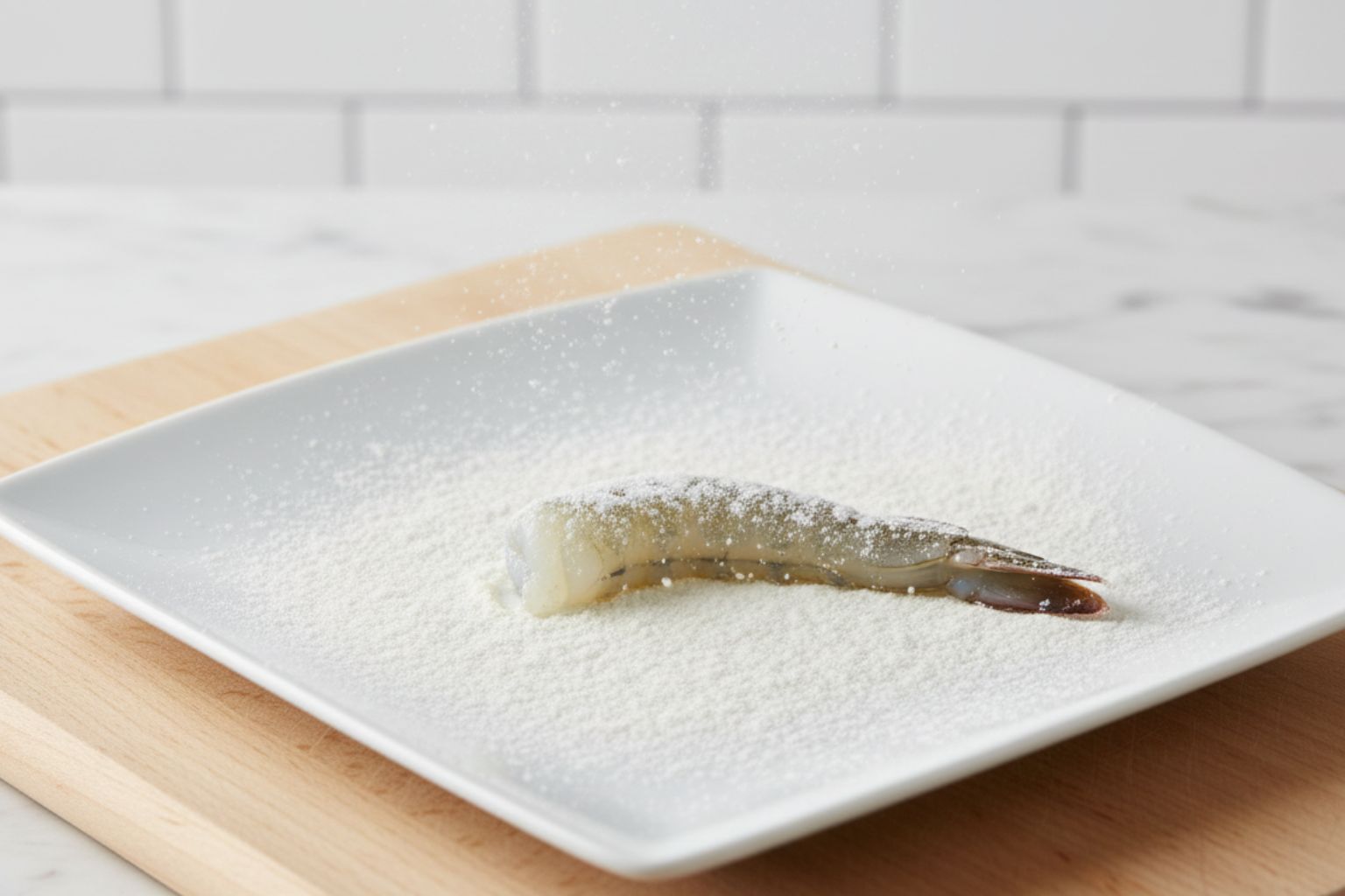 Paso 3: Un langostino siendo rebozado en harina seca antes de la tempura.