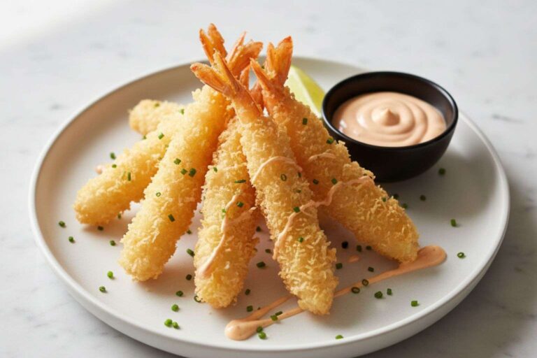 Plato de langostinos en tempura crujientes con salsa para dipear