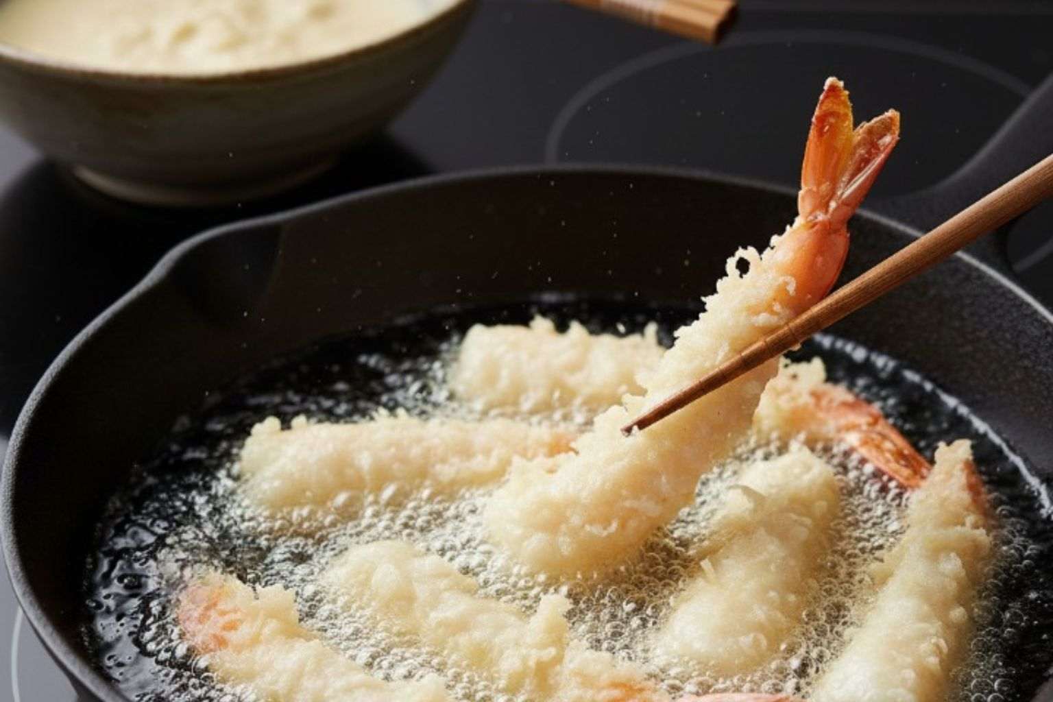 Paso 4: Langostinos en tempura friéndose en aceite abundante y caliente.