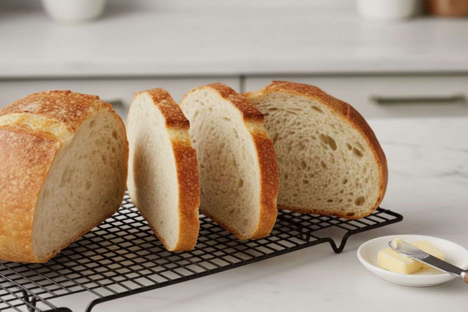 Rebanada de pan casero hecho en freidora de aire apoyada sobre la hogaza, mostrando una miga esponjosa y alveolada con una corteza dorada y crujiente.