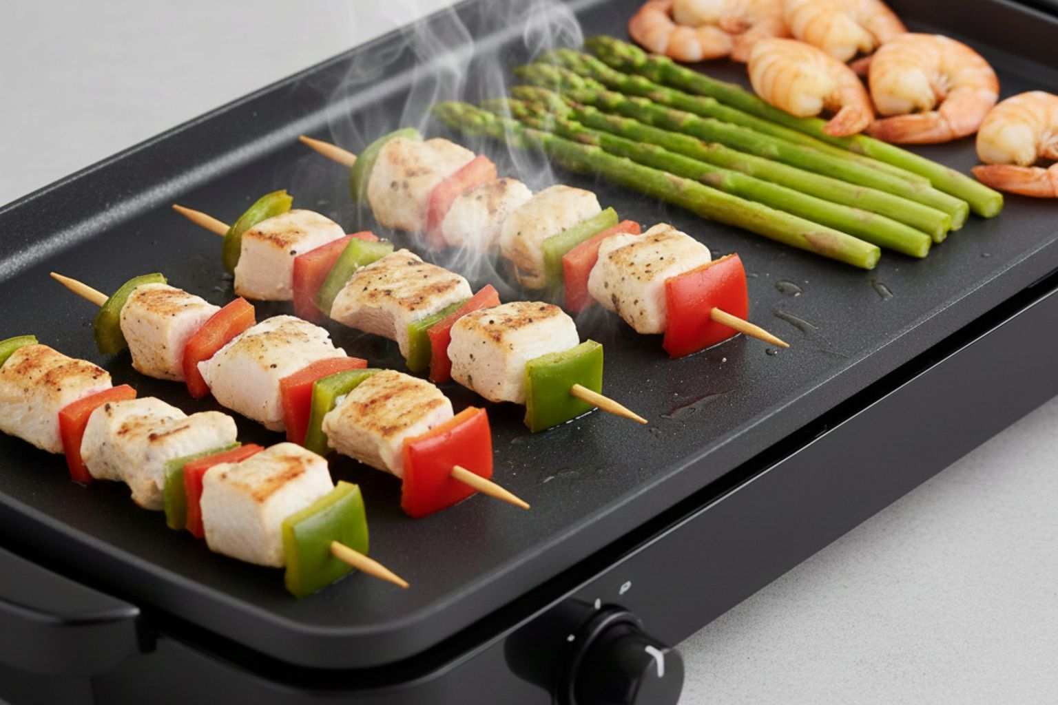 Una plancha de asar lisa con brochetas de pollo, gambas y verduras dorando