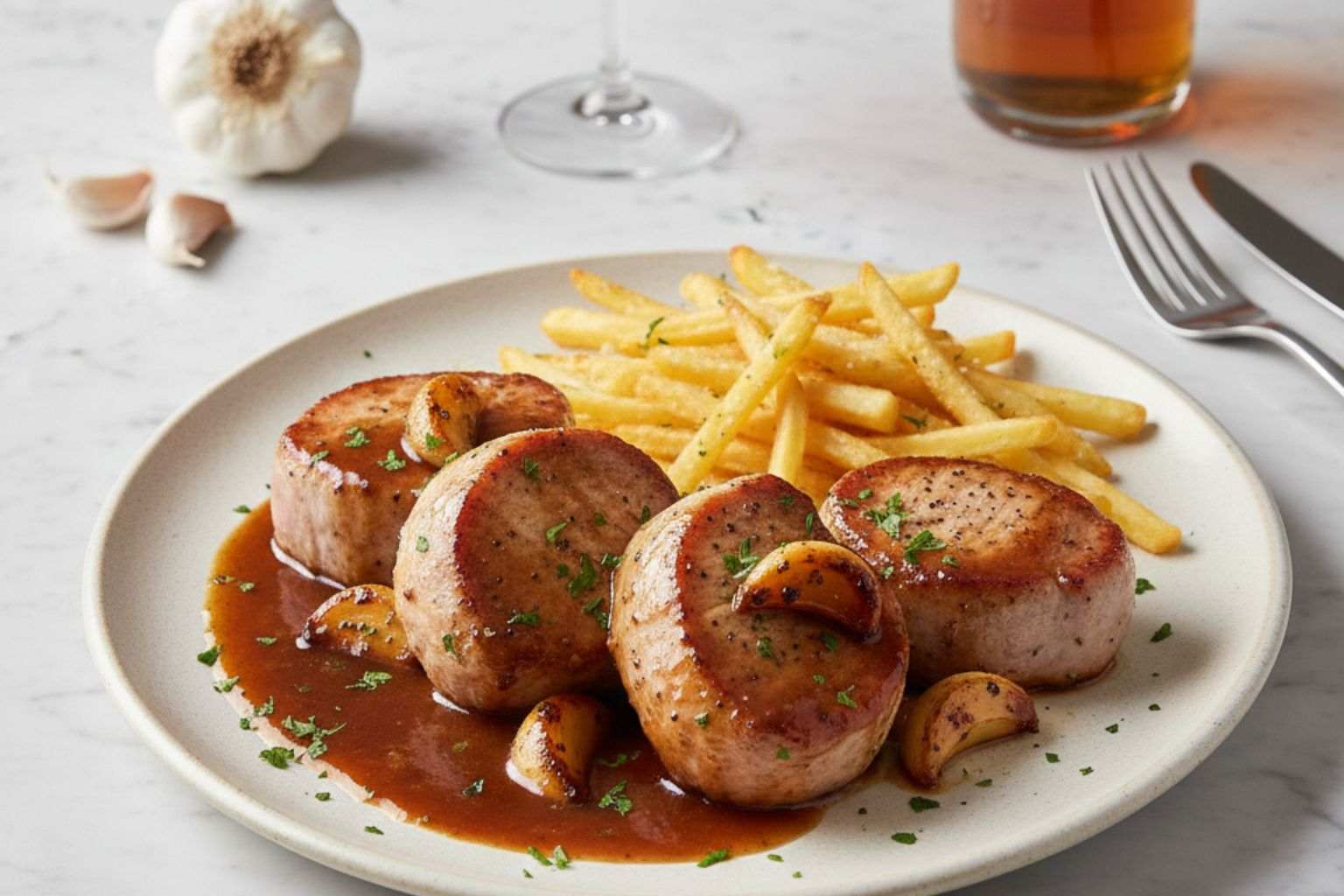 Presentación final de medallones de solomillo al whisky estilo sevillano con salsa brillante, ajos confitados y guarnición de patatas fritas sobre mármol blanco.