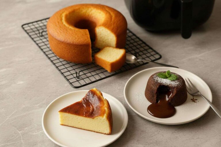 Postres caseros hechos en freidora de aire, incluyendo una porción de tarta de queso cremosa, un coulant de chocolate y un bizcocho, con la freidora de aire en el fondo.