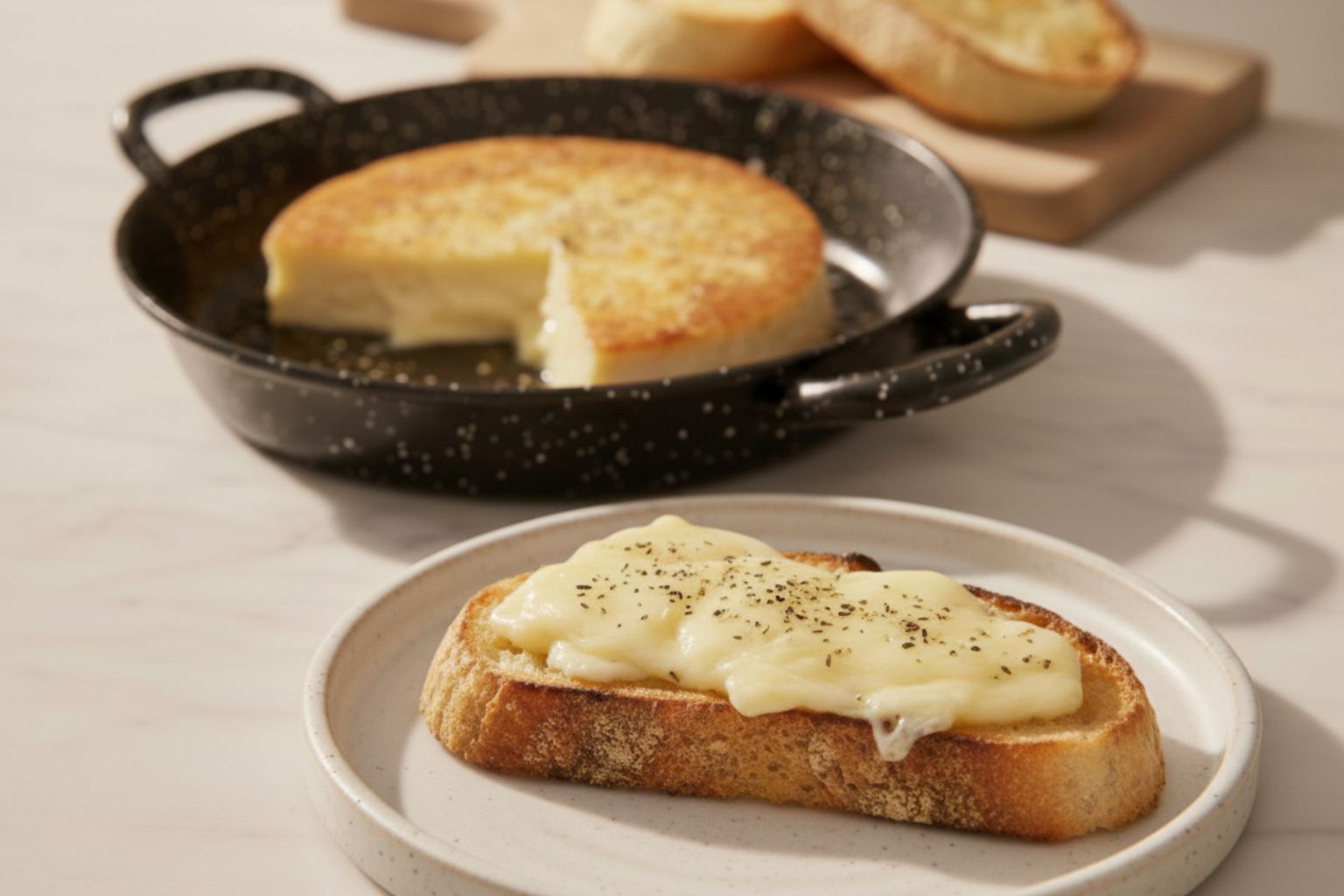 Primer plano de una rebanada de pan tostado untada con queso provolone a la plancha, mostrando su textura cremosa y fundente con hilos de queso.
